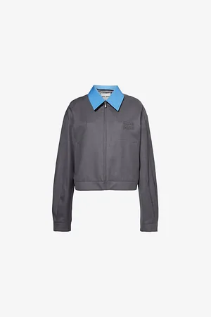 Miu Miu Womens Text-Appliqué Short Gabardine Wool Jacket 6