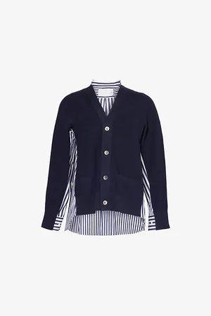 SACAI Womens Striped Knitted-Panels Cotton-Poplin Cardigan M