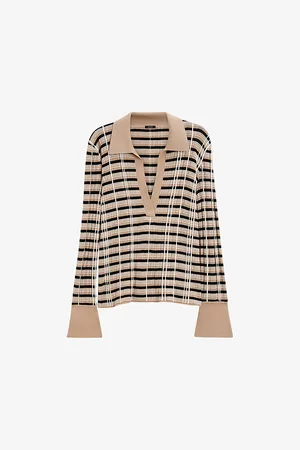 Joseph Womens Checked Open-Collar Merino Wool and Silk-Blend Top L