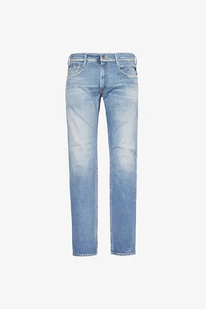 Replay Mens Anbass Brand-Patch Straight-Leg Slim-Fit Stretch-Denim Jeans 30/32