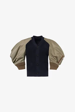 SACAI Womens Puff-Sleeve Hybrid Cotton-Nylon Knitted Cardigan S