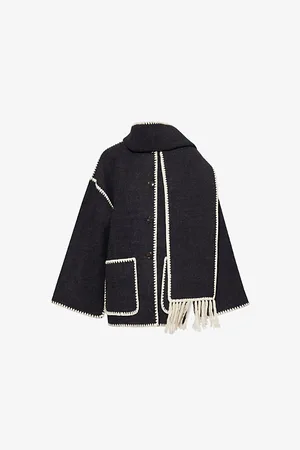 Totême Womens Embroidered-Trim Scarf Wool-Blend Jacket 8