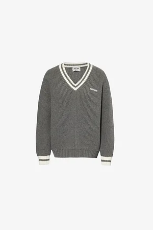 Miu Miu Womens Text-Intarsia Ribbed Wool-Blend Knitted Jumper 8