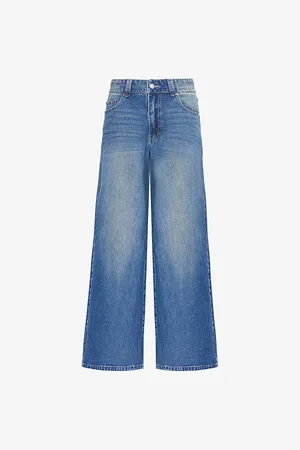 House of Sunny Womens Self-Tie-Fastening Brand-Plaque Wide-Leg Low-Rise Denim-Blend Jeans 6