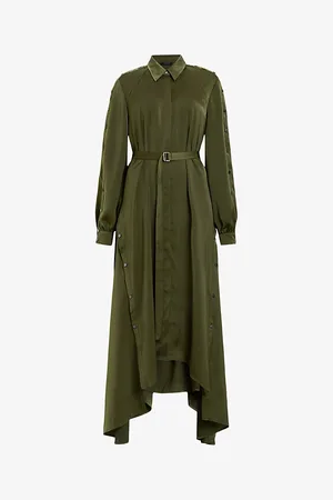 AllSaints Womens Lexi Asymmetric-Hem Belted-Waist Woven Midi Dress 6