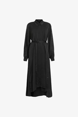 AllSaints Womens Lexi Asymmetric-Hem Belted-Waist Woven Midi Dress 6