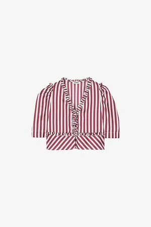 Sandro Womens Striped Ruffle-Trim Woven Shirt 6