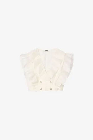 Sandro Womens Ruffled-Trim Cropped Linen-Blend Top 6