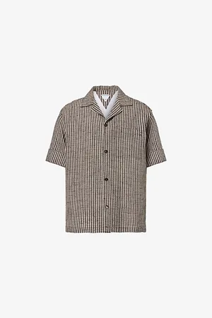 Bottega Veneta Mens Check-Print Camp-Collar Relaxed-Fit Woven-Blend-Shirt 36