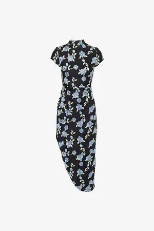 ROTATE Womens Floral-Embroidered Asymmetric-Hem Mesh Midi Dress 8
