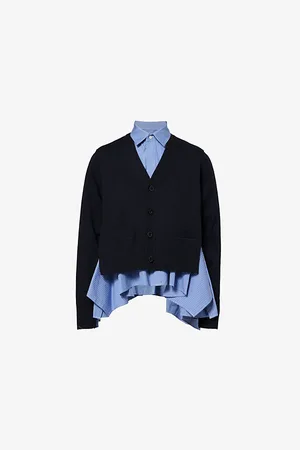 SACAI Womens Striped Asymmetric-Hem Cotton-Blend Cardigan S