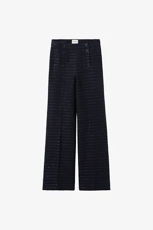 Claudie Pierlot Womens Sequin-Embellished Striped Wide-Leg Mid-Rise Cotton-Blend Trousers 6