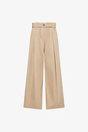 Moncler Womens Belted Pleat-Front Wide-Leg Cotton-Blend Trousers 8