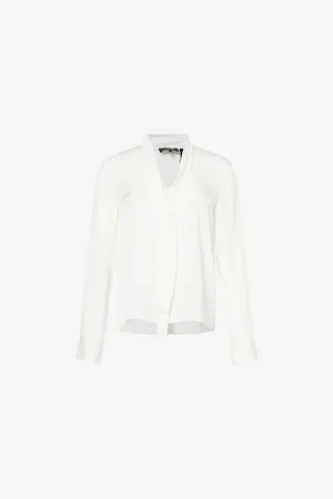 THEORY Womens Self-Tie-Collar Long-Sleeves Silk Blouse S