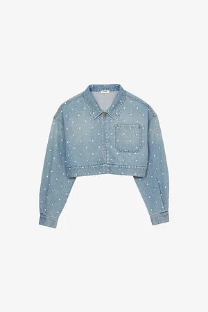 Sandro Womens Rhinestone-Embellished Puff-Sleeve Denim Jacket 6