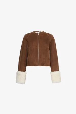 Alaïa Womens Collarless Shearling-Cuffed Suede Jacket 6