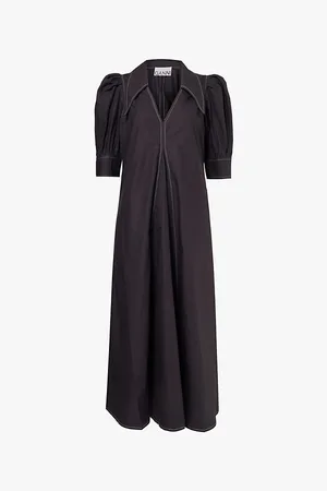 Ganni Womens V-Neck Puff-Sleeved Cotton-Poplin Maxi Dress 4
