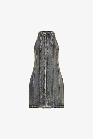 Daily paper Womens Vintage-Wash Zipped Stretch-Denim Mini Dress Xs