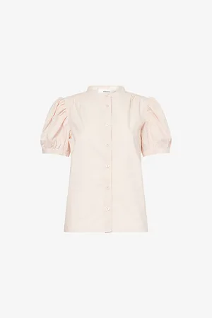 Frame Womens The Gathered Puffed-Short-Sleeves Cotton-Poplin Top Xs