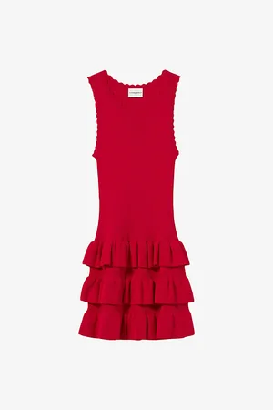 Claudie Pierlot Womens Ruffle-Trim Round-Neck Stretch-Knit Mini Dress L