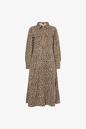 ME AND EM Womens Leopard-Print Puffed-Shoulders Denim Midi Dress 6
