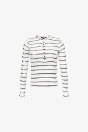 ME AND EM Womens Striped Ribbed Stretch-Cotton T-Shirt 6