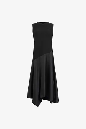 AllSaints Womens Pia Asymmetric Satin Cotton-Jersey Midi Dress 6