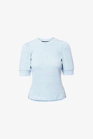 ME AND EM Womens Stripe Gathered-Sleeve Cotton T-Shirt 8