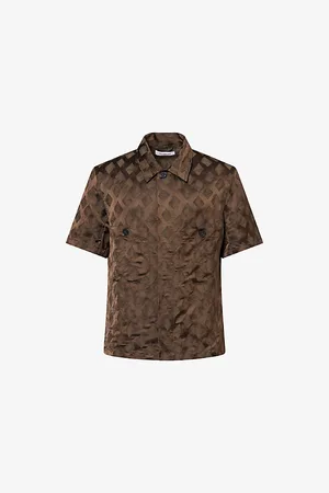 Diomene Mens Geometric-Print Short-Sleeves Linen-Blend Shirt 36