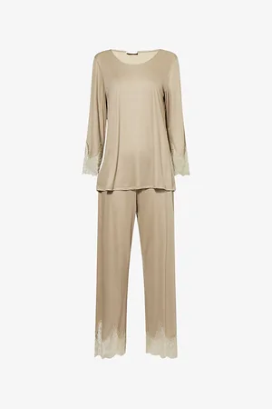 Hanro Womens Lace-Trim Round-Neck Jersey Pajamas Xs