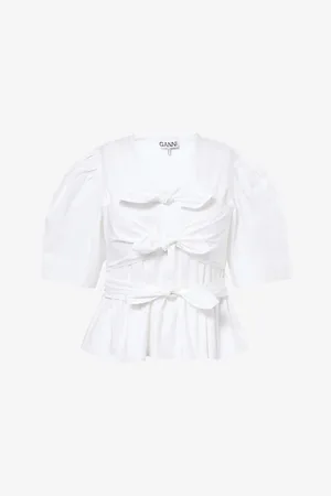 Ganni Womens Tie Strap Puffed-Sleeves Stretch-Cotton Blouse 6