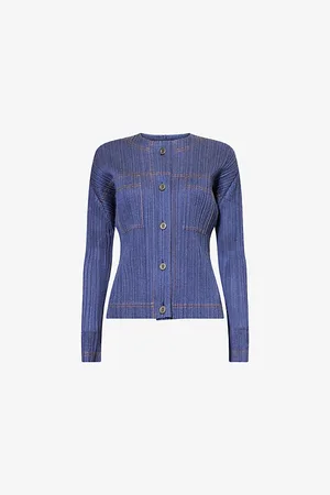 PLEATS PLEASE ISSEY MIYAKE Womens Collarless Pleated Denim-Look Knitted Jacket 3