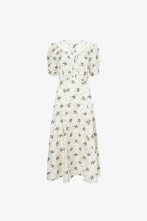 ME AND EM Womens Leaf-Print Lace-Panelled Silk-Blend Midi Dress 6