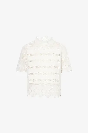 ME AND EM Womens Ruffle-Neck Crochet-Lace Cotton T-Shirt 6