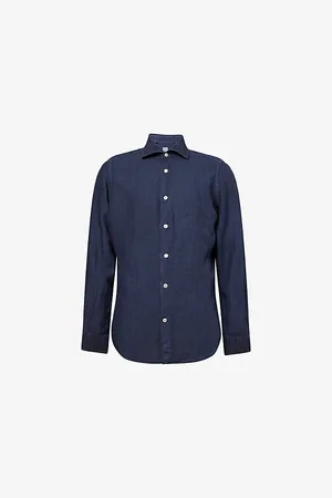 ELEVENTY Mens Curved-Hem Long-Sleeves Linen Shirt M