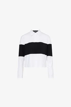 THEORY Womens Striped Pointed-Collar Cropped Pima-Cotton Rugby Shirt S