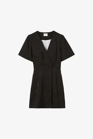 Claudie Pierlot Womens Wrap-Front Short-Sleeve Jacquard Mini Dress 6