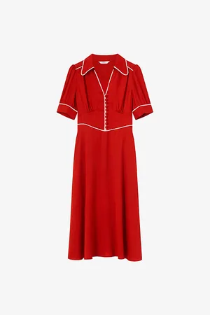 LK Bennett Womens Lou Button-Down Puff-Sleeve Crepe Midi Dress 10