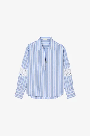 Sandro Womens Striped Lace-Trim Cotton and Linen-Blend Shirt 8