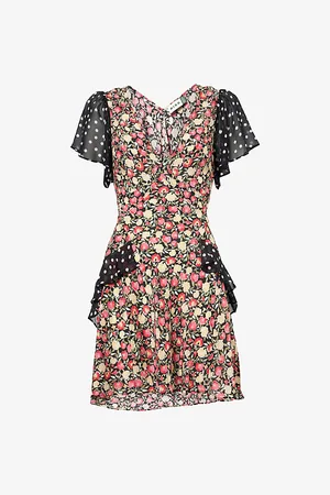 RIXO London Womens Sutton Floral and Polka Dot-Print Silk Mini Dress 10