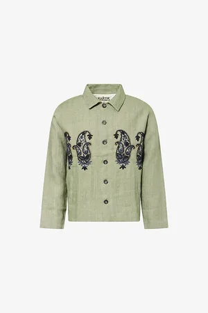 Kartik Research Mens Embroidered Cropped Linen Jacket M