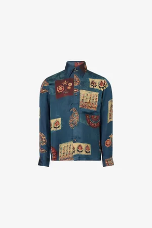 Kartik Research Mens Camp Graphic-Print Silk Shirt S