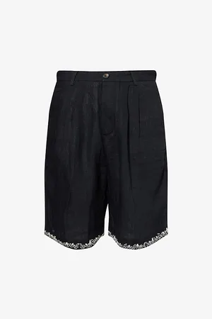 Kartik Research Mens Embroidered Pleated Linen Shorts S