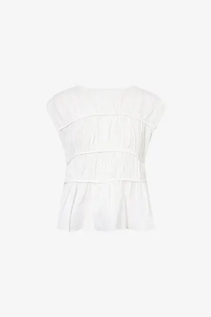 Dissh Womens Flynn Gathered Linen-Cotton Blend Top 6