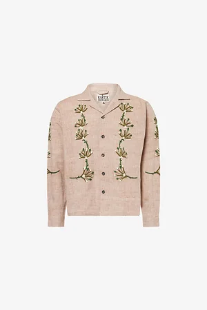 Kartik Research Mens Embroidered-Motif Notched-Collar Cotton Shirt S