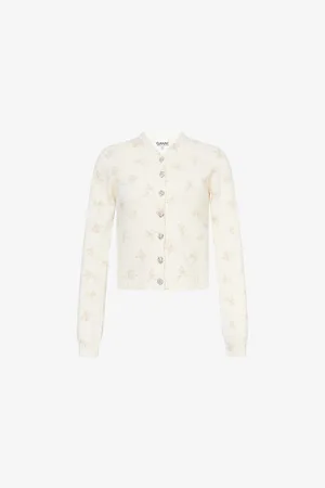 Ganni Womens Floral-Print Embellished-Button Wool-Blend Knitted Cardigan Xs