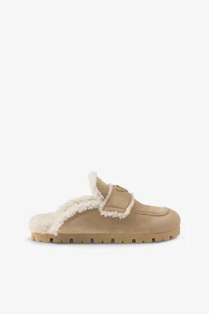 Prada Womens Lugged-Sole Triangle-Plaque Suede and Shearling Slippers Eur 38.5 / 5.5 Uk Women