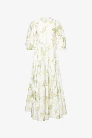 Erdem Womens Leaf-Print Puff-Sleeve Cotton Midi Dress 8