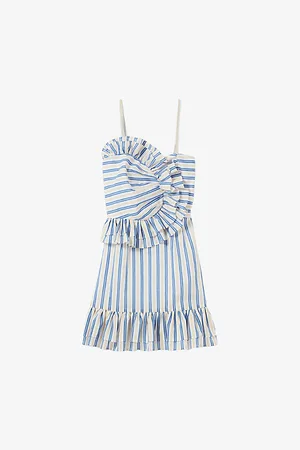 Claudie Pierlot Womens Frill-Trim Stripe-Print Linen-Blend Mini Dress 6