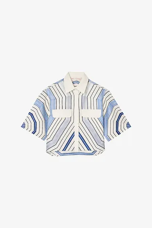 Sandro Womens Spiral-Motif Contrast-Collar Linen-Blend Shirt 6